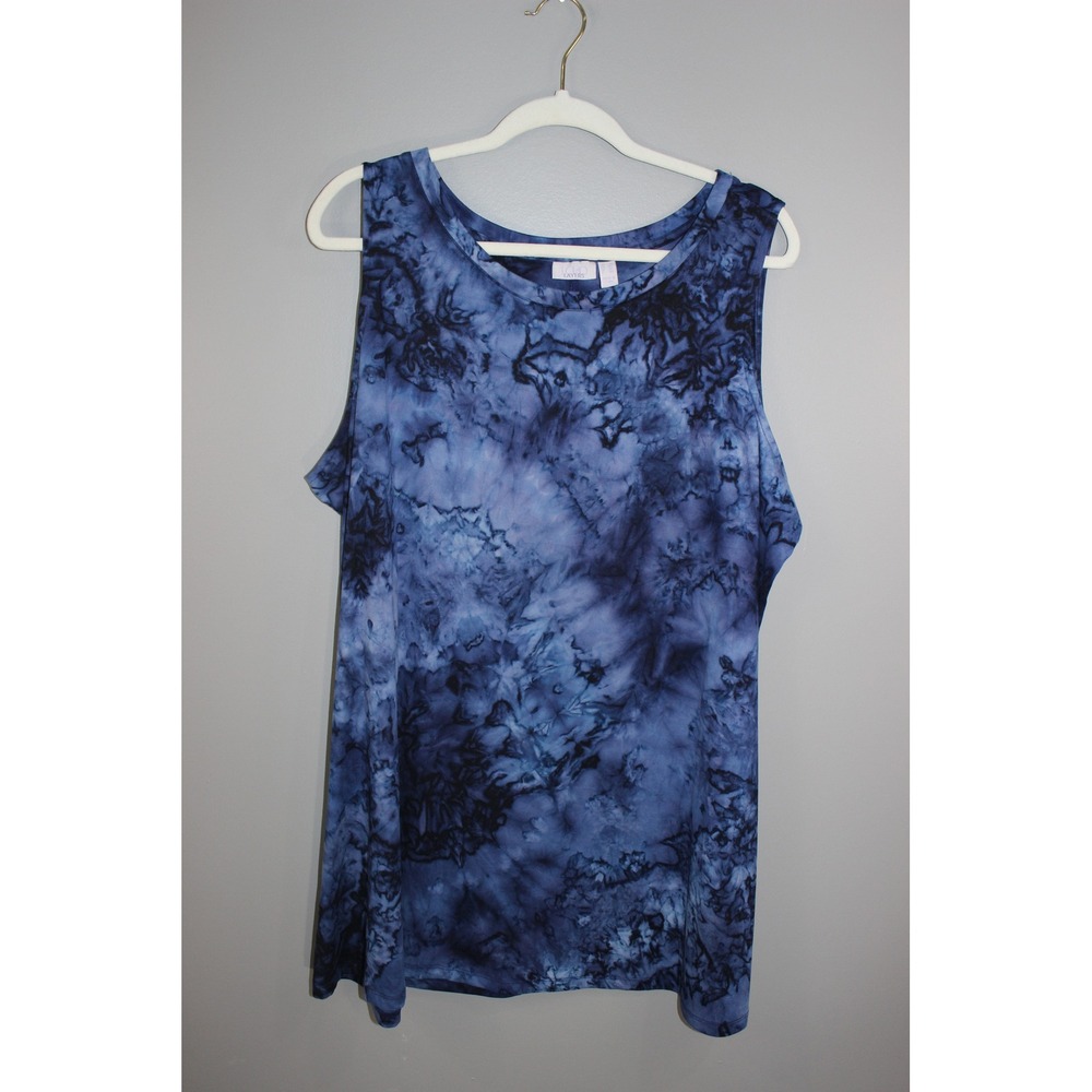 Logo Layers Tank Top Womens 2X Blue Tie Dye Sleeveless Great Stretch Scoop Neck